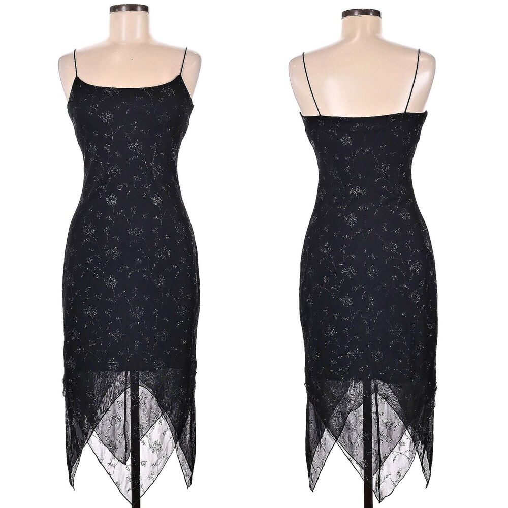 Vintage 90s Byer Too Black Midi Dress Cocktail Floral Glitter Whimsygoth Size M